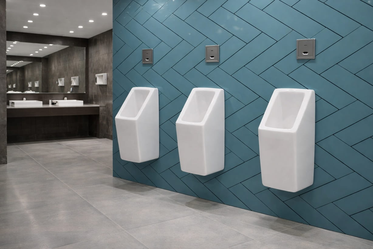 Modern men's restroom with three white wall-mounted urinals on a blue tile wall and sink area with mirrors